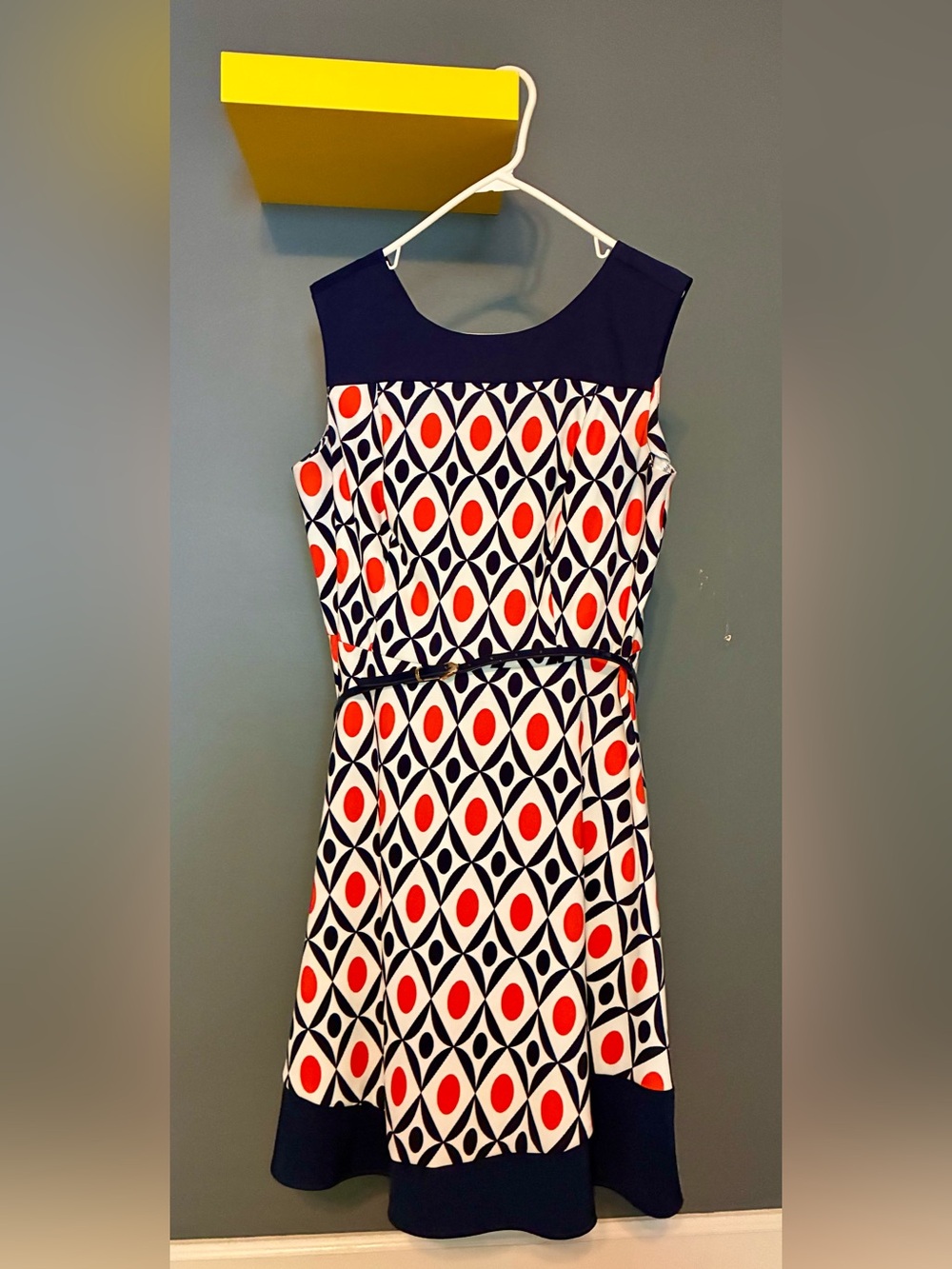 AGB Navy, White & Orange Geometric Sleeveless Dress